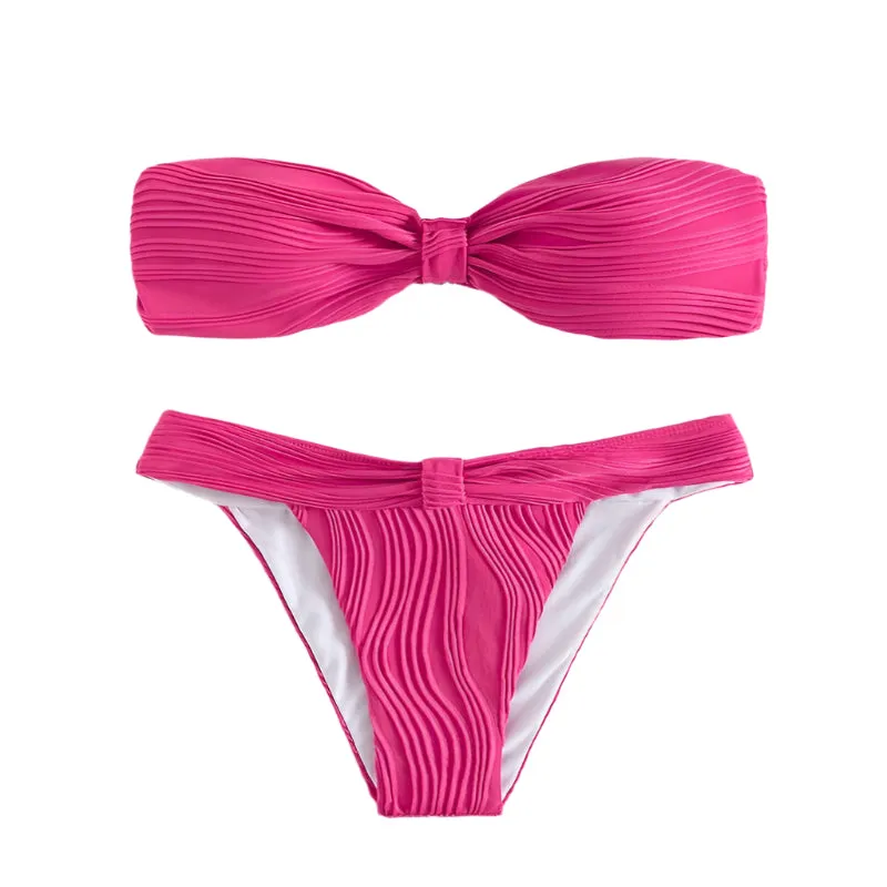 Textured Print Strapless Bikini Set