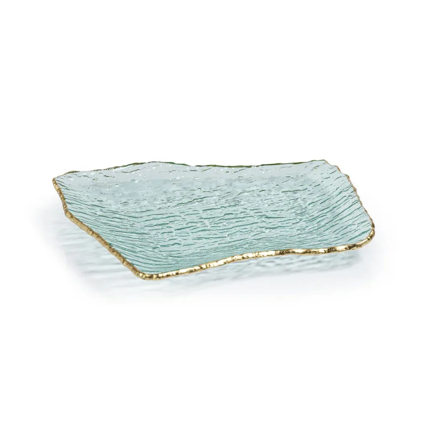 Textured Rectangular Organic Shape Plate with Jagged Gold Rim