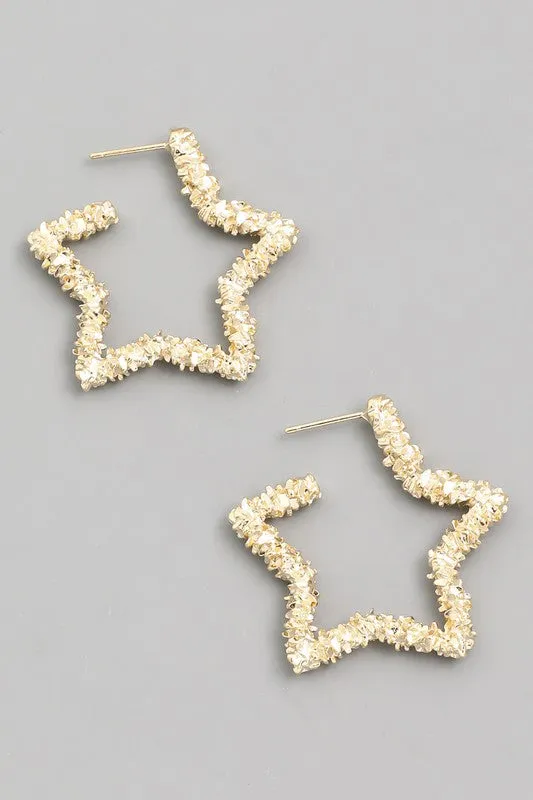 Textured Star Hoop Earrings - Gold