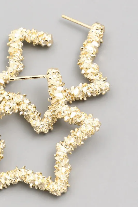 Textured Star Hoop Earrings - Gold
