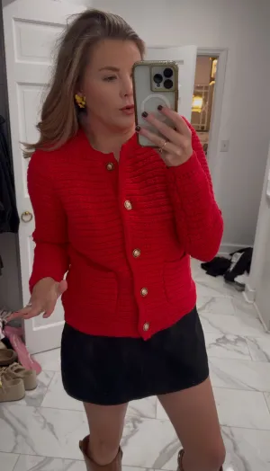 Textured Tweed Round Neck Cardigan - Red