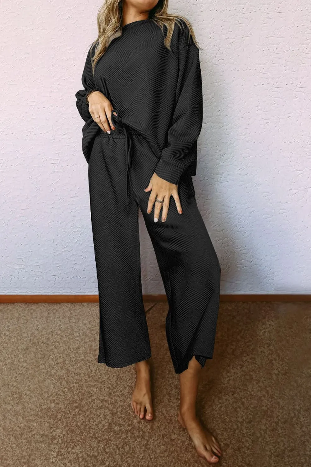 Textured Wide Leg Long Sleeve Set