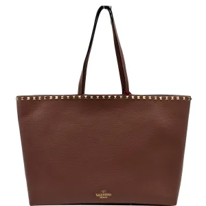 VALENTINO Garavani Rockstud Textured Leather Shopping Tote Bag Dark Rose - 10% OFF