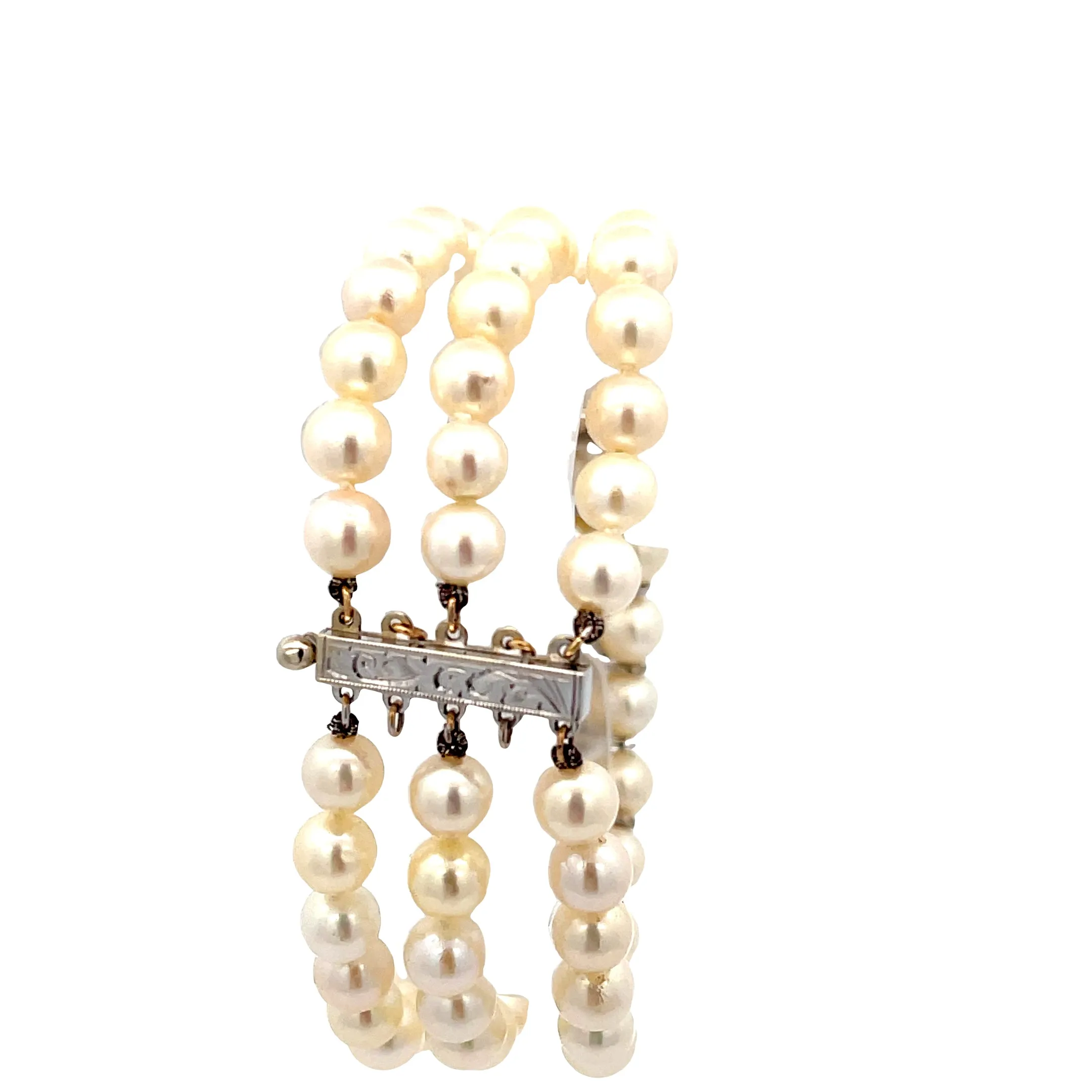 Vintage 18k White Gold Triple Strand .50ct F VS2 Round diamond and 6mm Fresh Water Pearl Bracelet