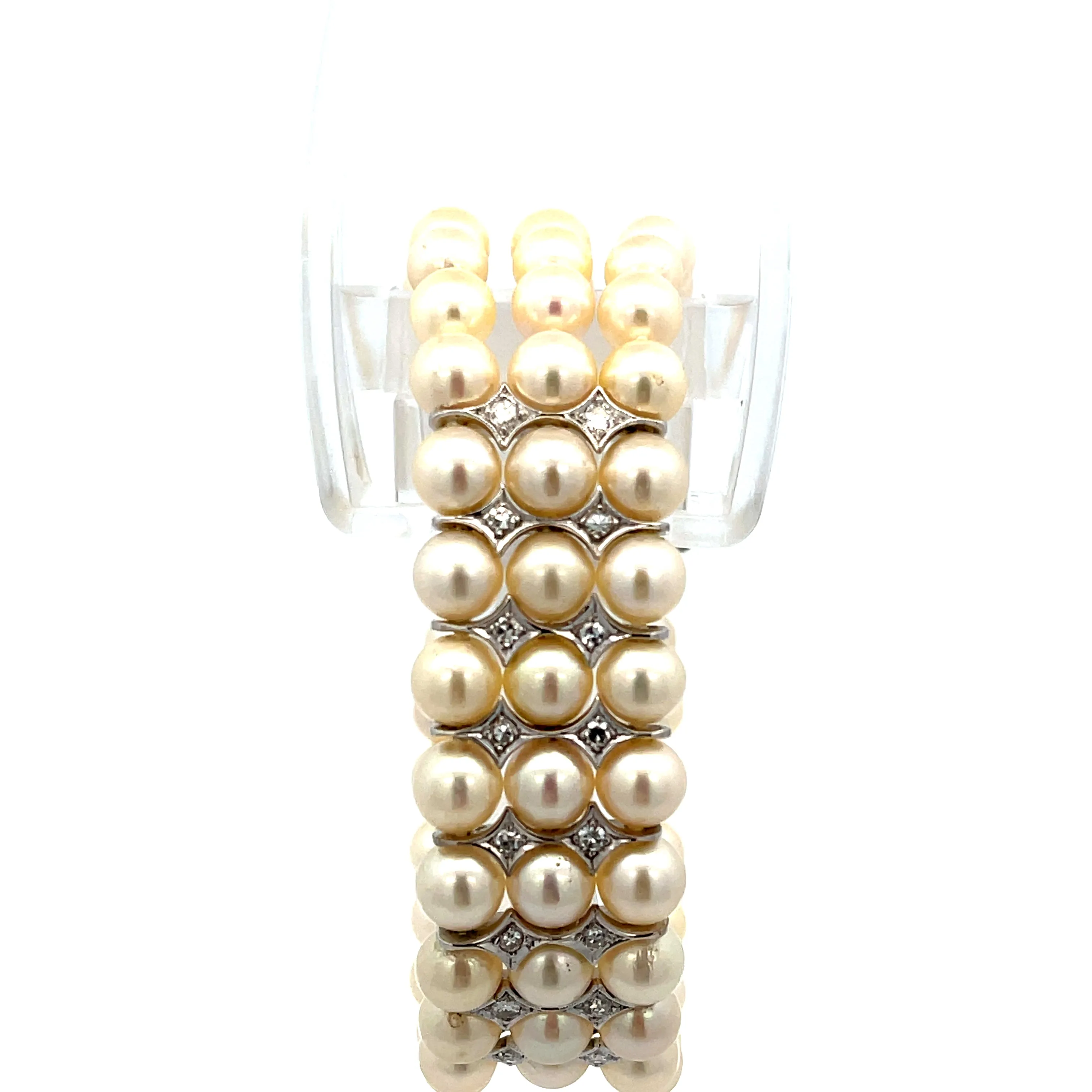Vintage 18k White Gold Triple Strand .50ct F VS2 Round diamond and 6mm Fresh Water Pearl Bracelet