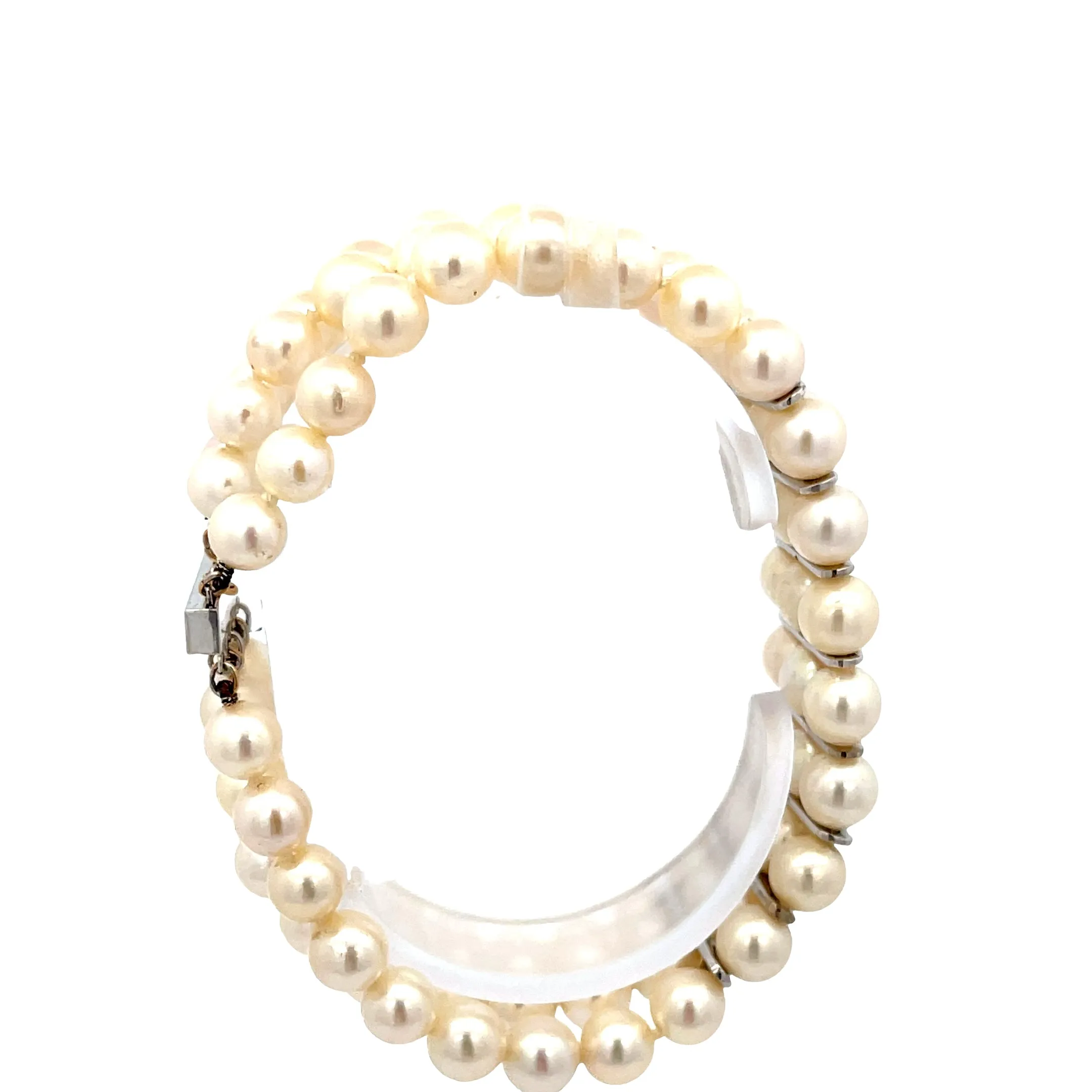 Vintage 18k White Gold Triple Strand .50ct F VS2 Round diamond and 6mm Fresh Water Pearl Bracelet