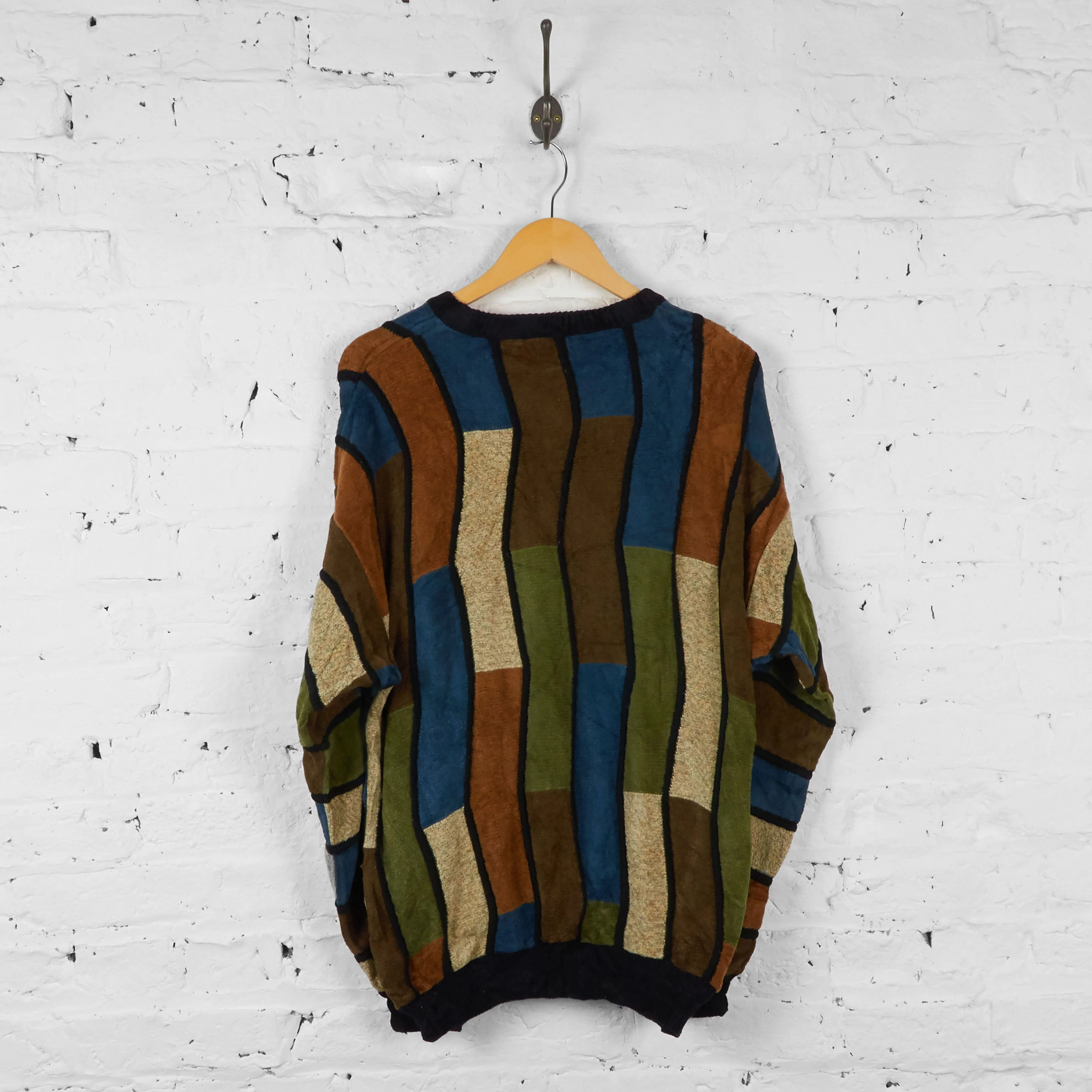 Vintage Abstract Patterned Knit Jumper - Brown/Green - M