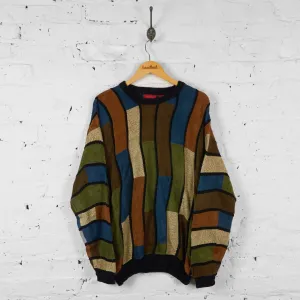 Vintage Abstract Patterned Knit Jumper - Brown/Green - M