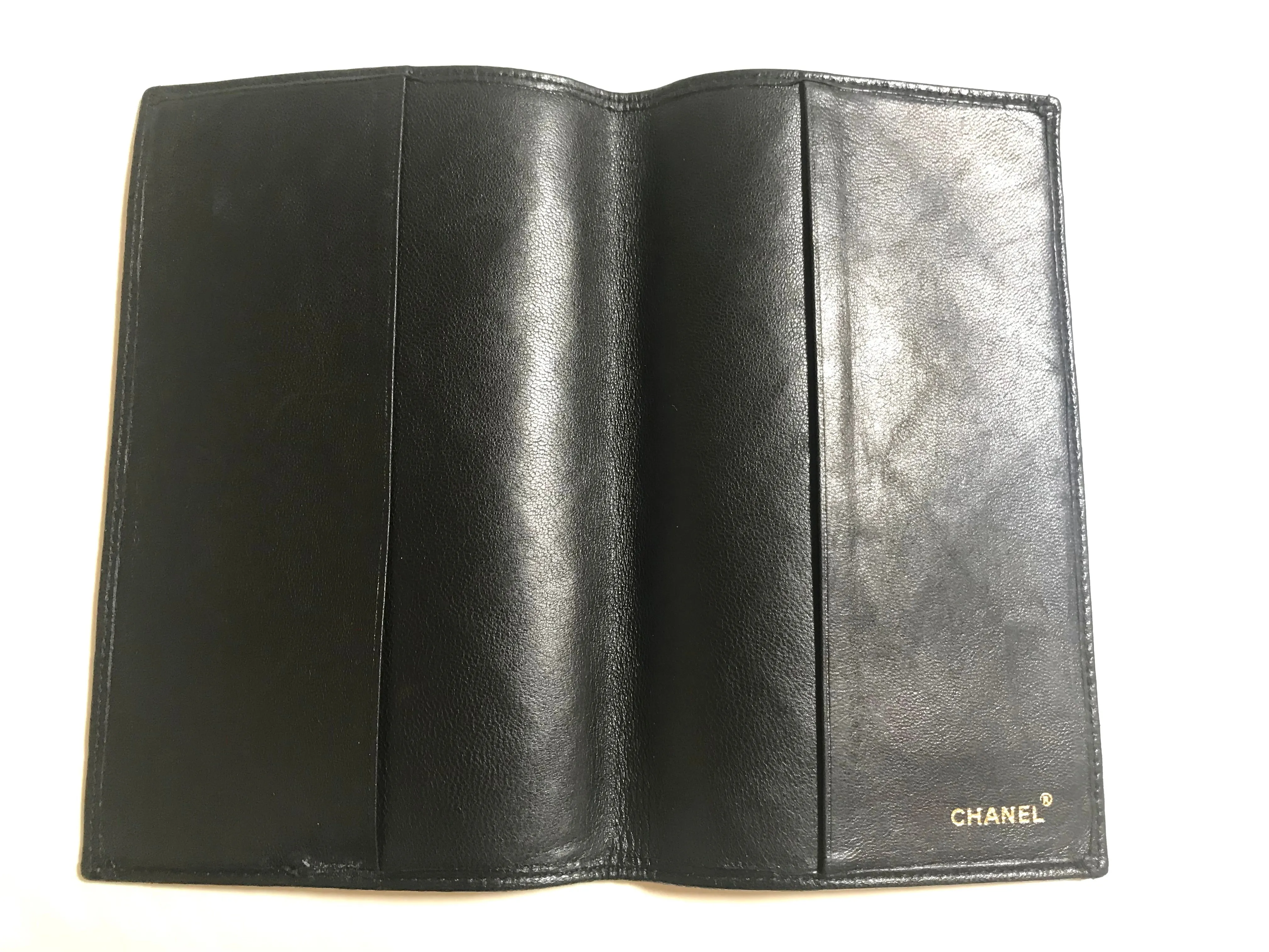 Vintage CHANEL black stitched leather book cover, diary cover, checkbook case etc. Unisex purse. Classic and simple beauty.