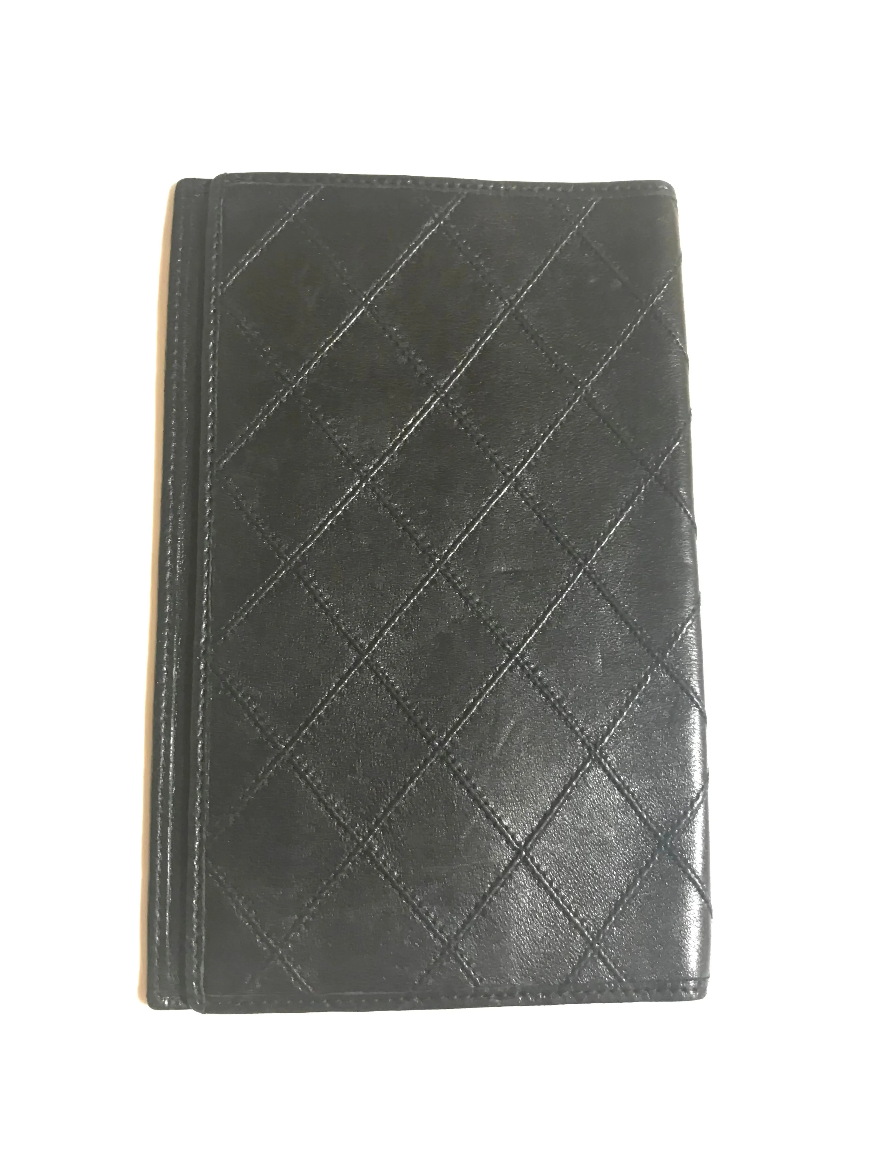 Vintage CHANEL black stitched leather book cover, diary cover, checkbook case etc. Unisex purse. Classic and simple beauty.