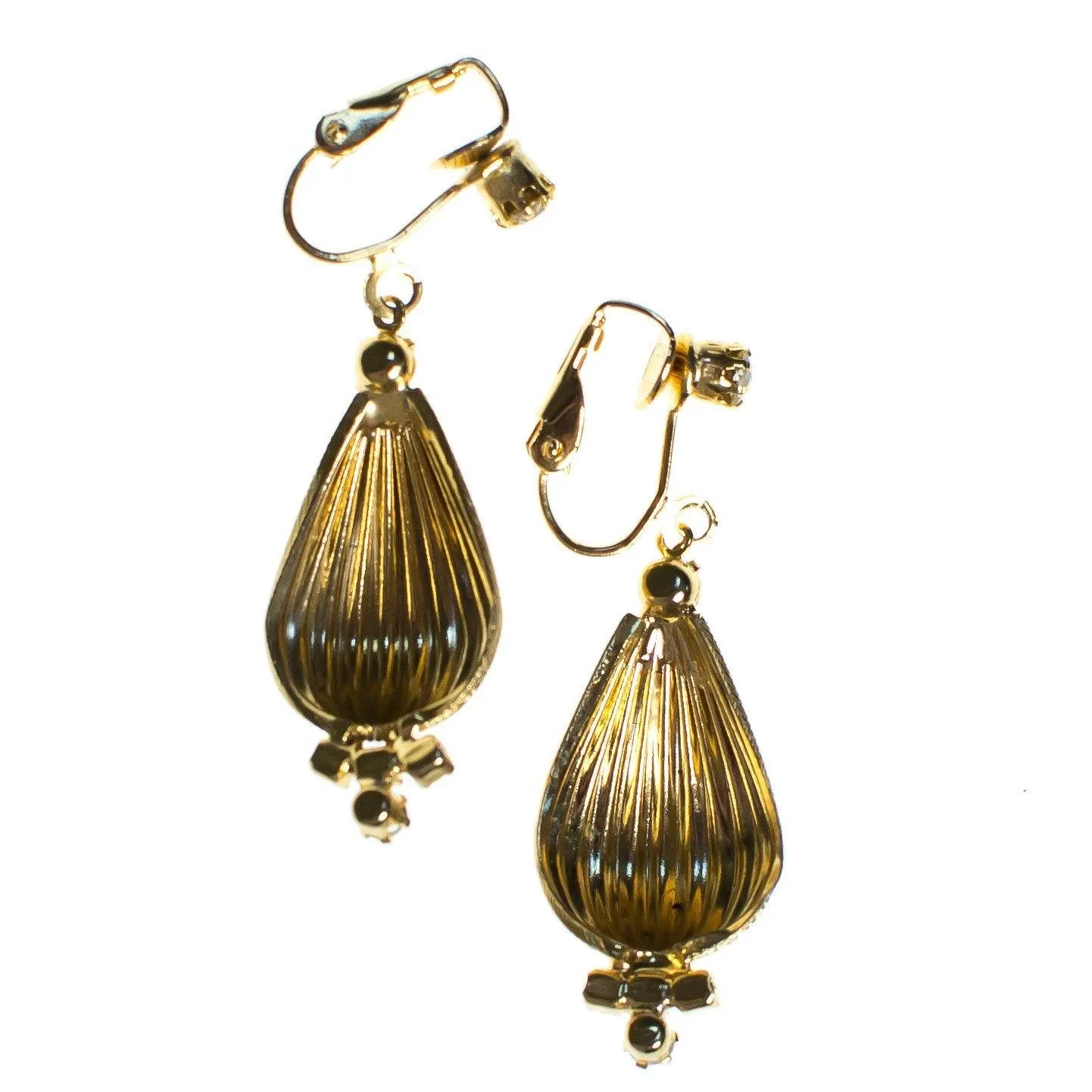 Vintage Fluted Gold Orb Dangling Drop Statement Earrings with Crystals