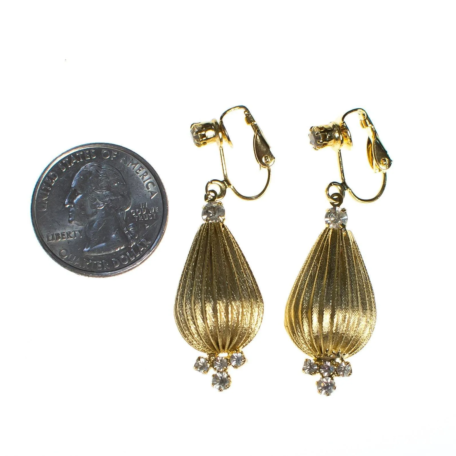 Vintage Fluted Gold Orb Dangling Drop Statement Earrings with Crystals