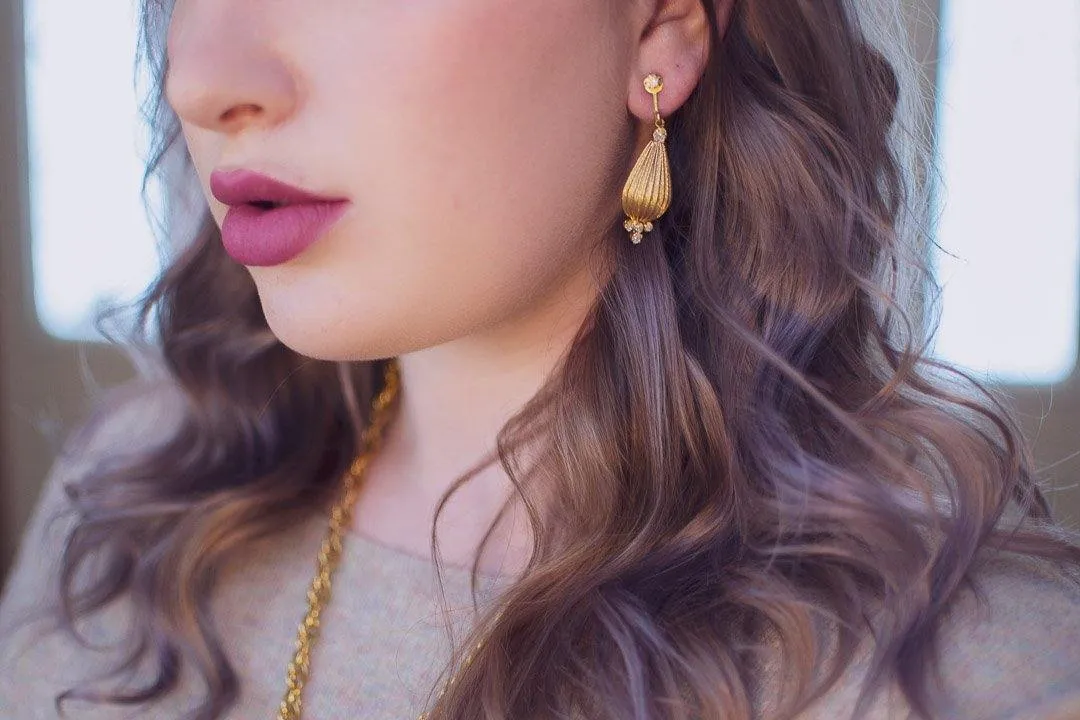 Vintage Fluted Gold Orb Dangling Drop Statement Earrings with Crystals