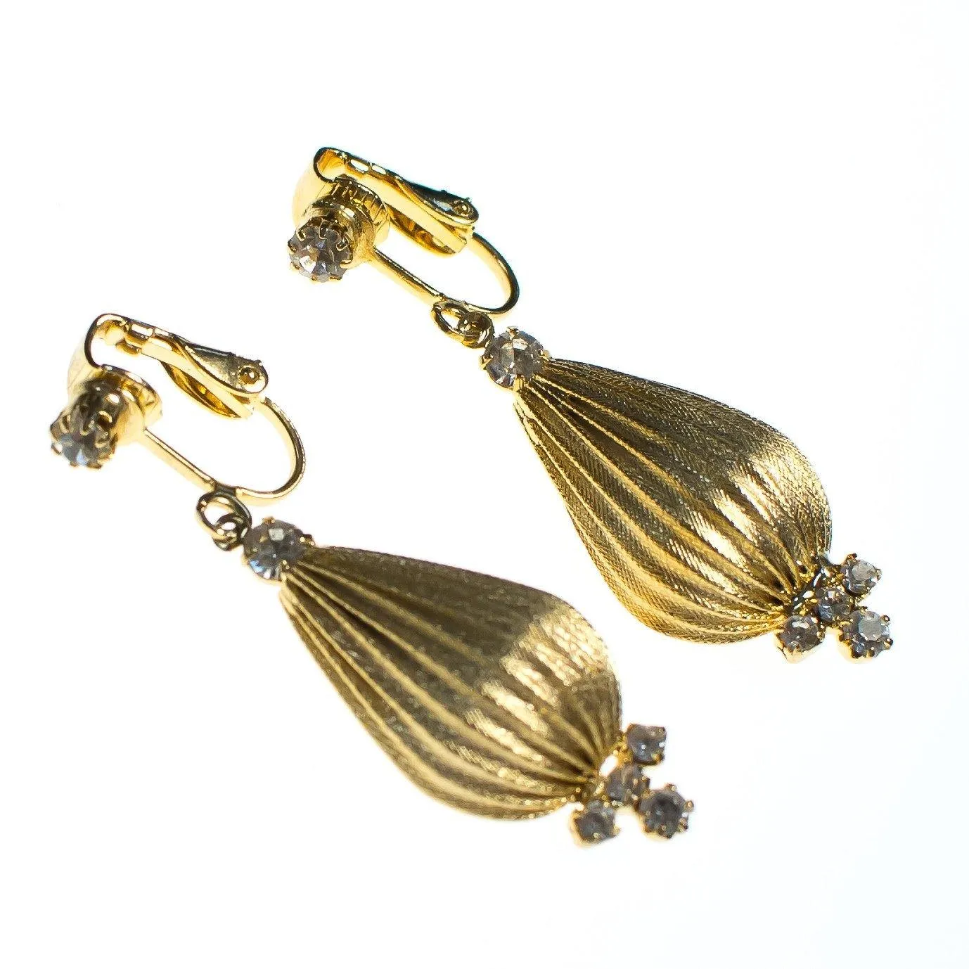 Vintage Fluted Gold Orb Dangling Drop Statement Earrings with Crystals