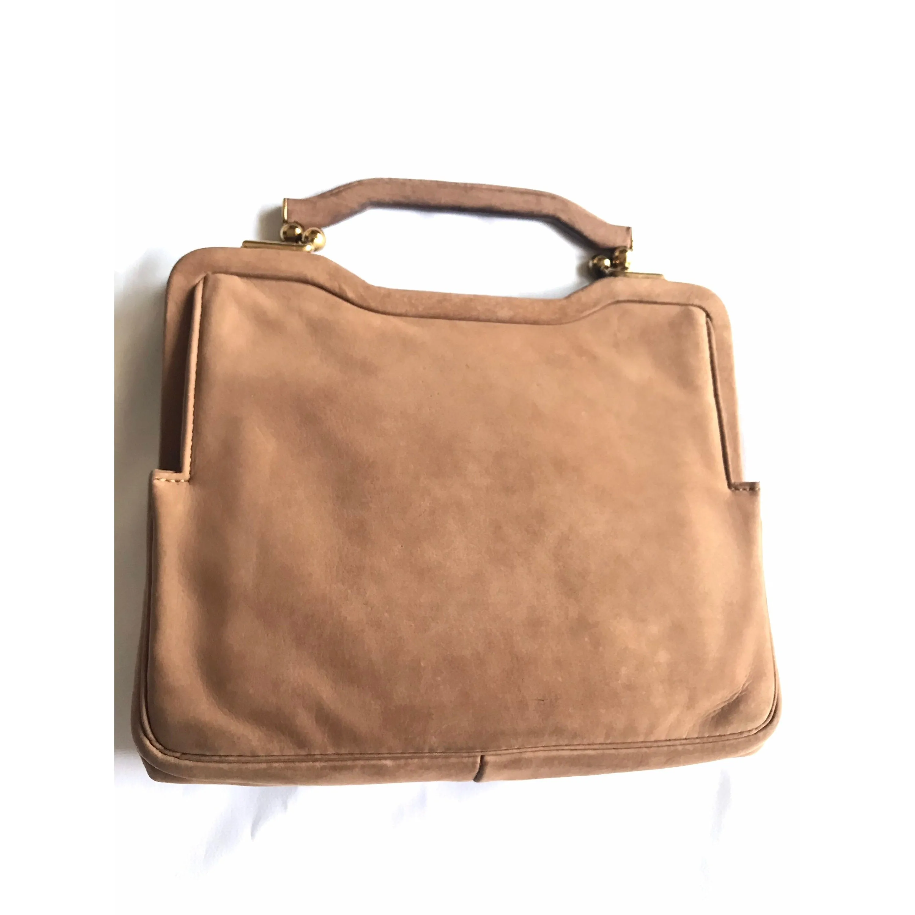 Vintage LANVIN brown suede leather handbag with kiss lock closure. Rare masterpiece from old era. 0404251