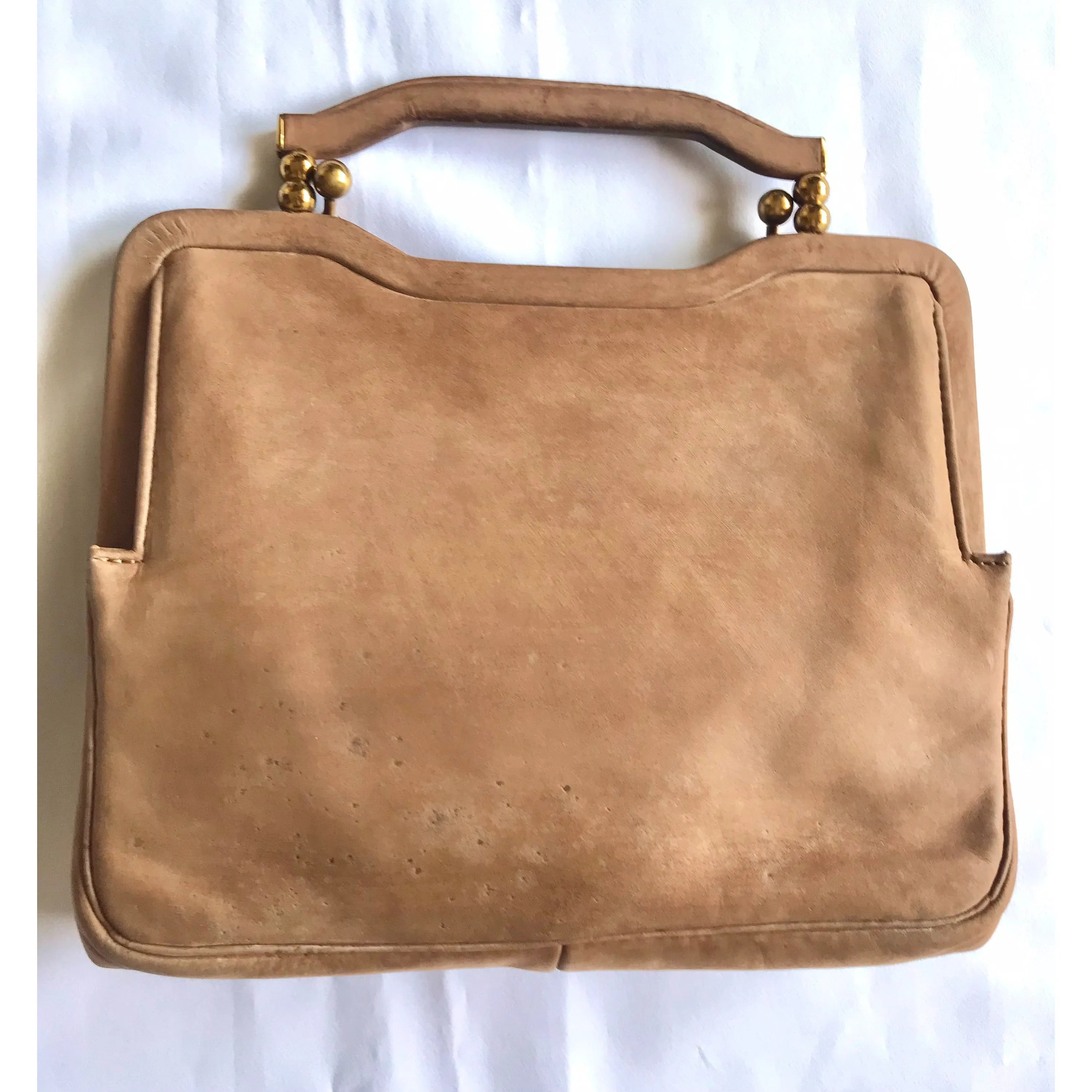 Vintage LANVIN brown suede leather handbag with kiss lock closure. Rare masterpiece from old era. 0404251