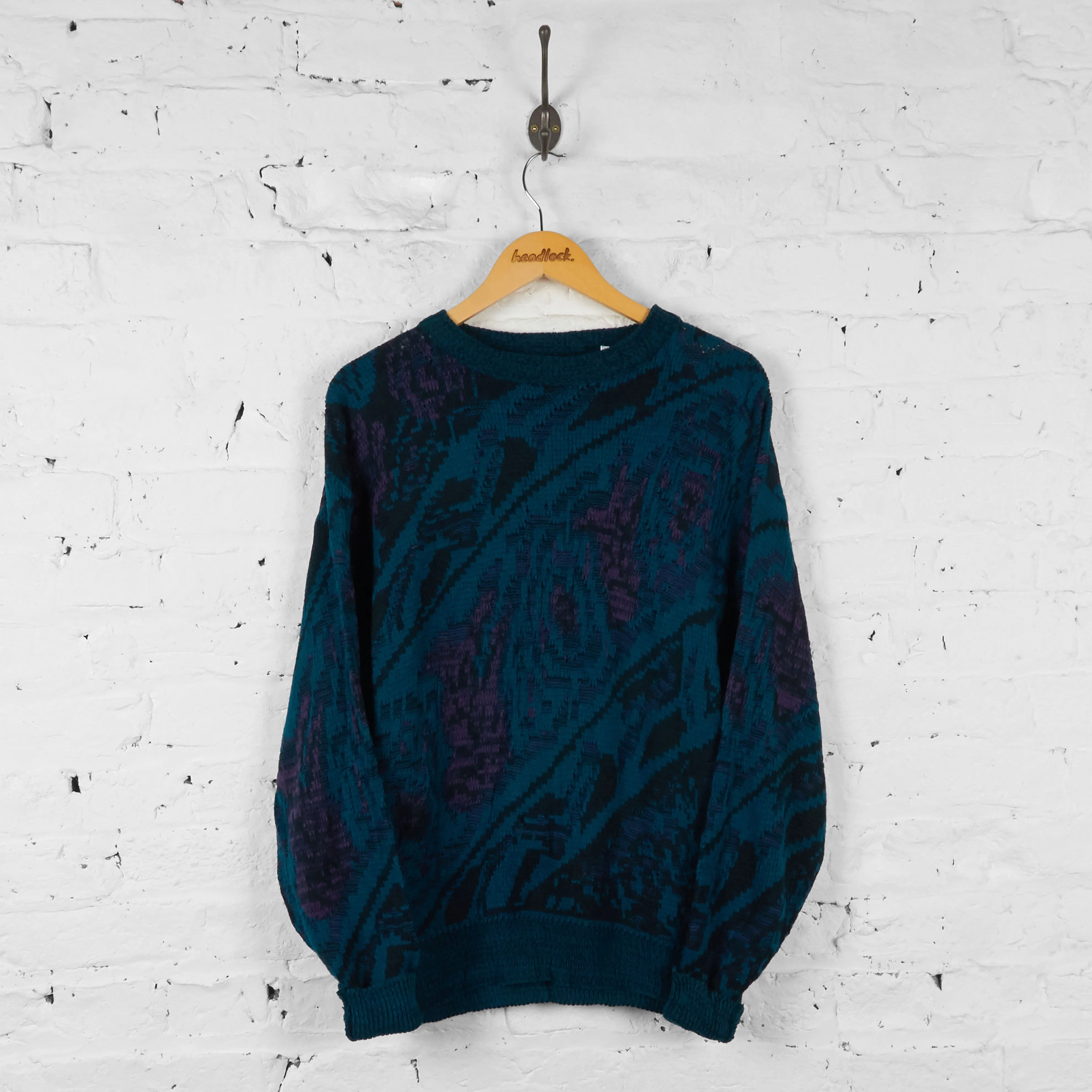 Vintage Patterned Knit Jumper - Blue - M