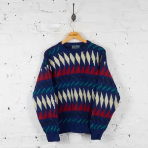 Vintage Patterned Wool Knit Jumper - Blue - M