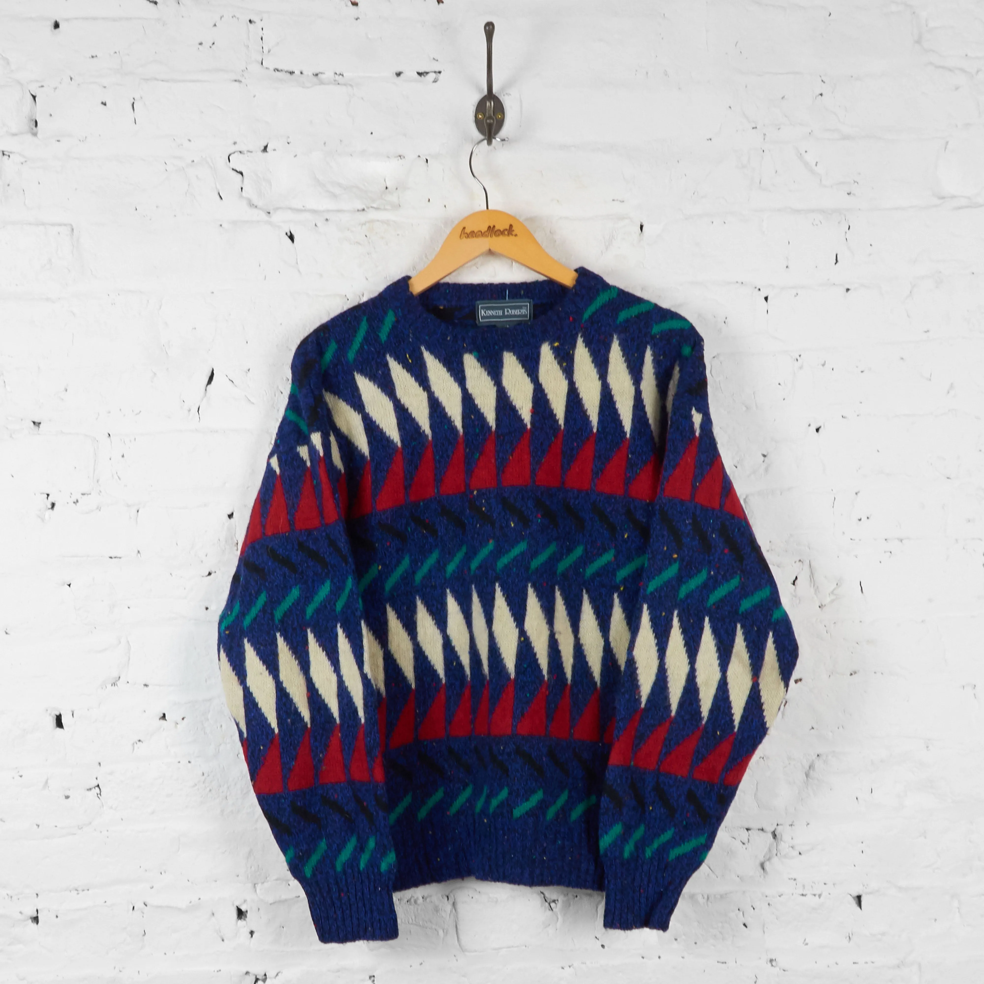Vintage Patterned Wool Knit Jumper - Blue - M