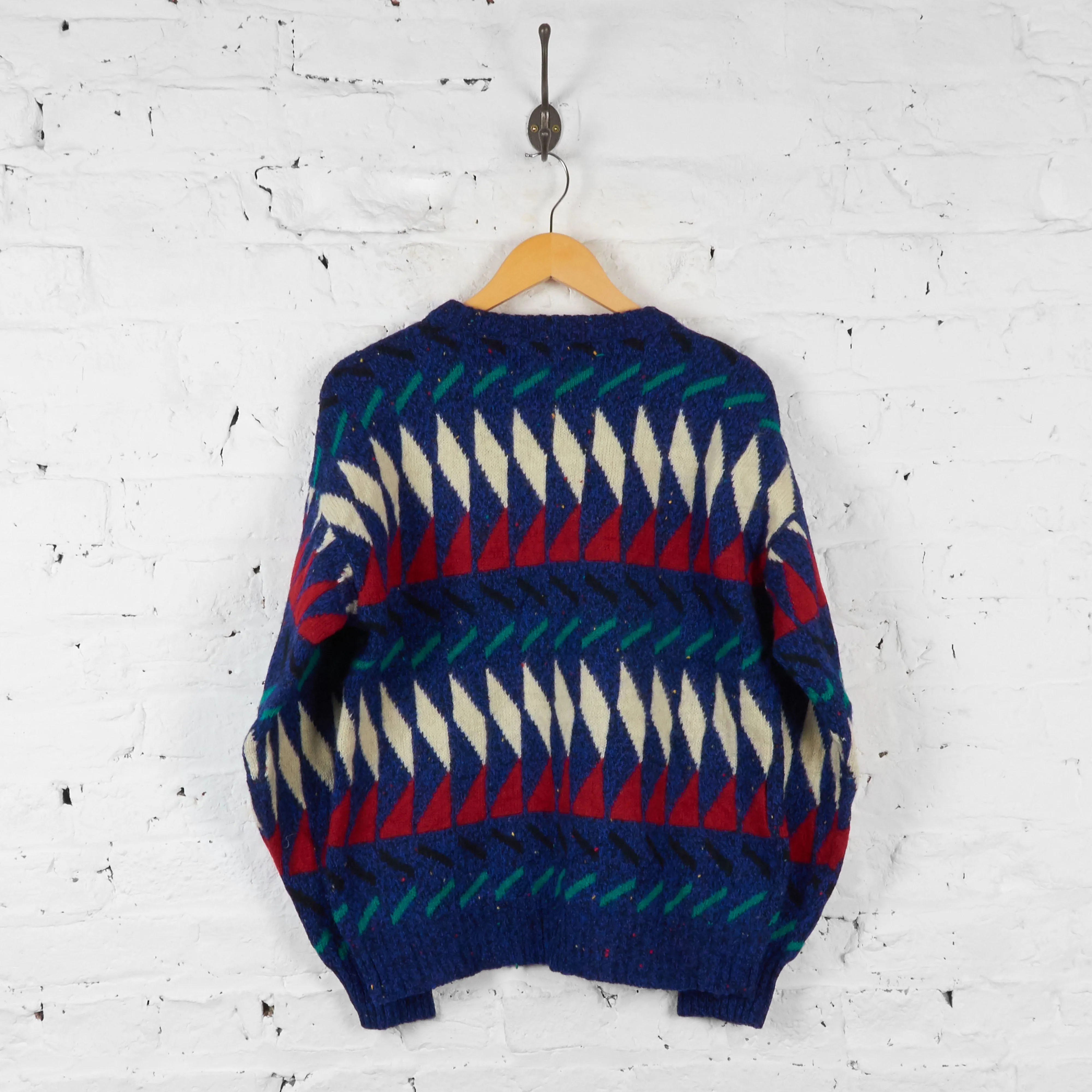 Vintage Patterned Wool Knit Jumper - Blue - M