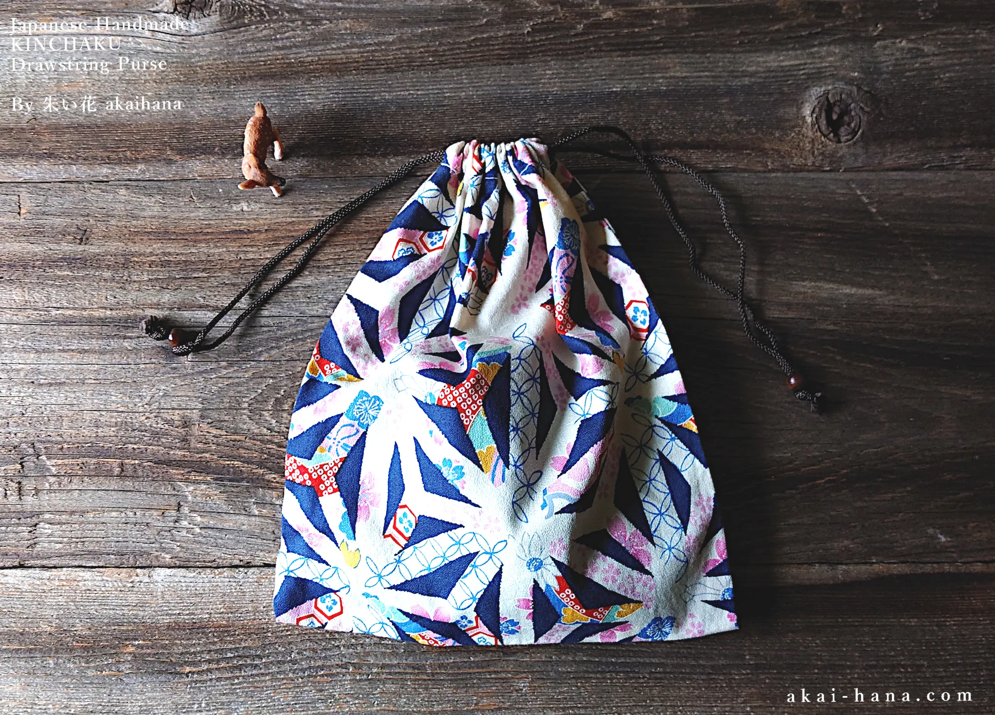 Wagara Kinchaku Drawstring Purse, Asanoha Hana Monyou, Black or Dark Blue ⦿kpjf0012