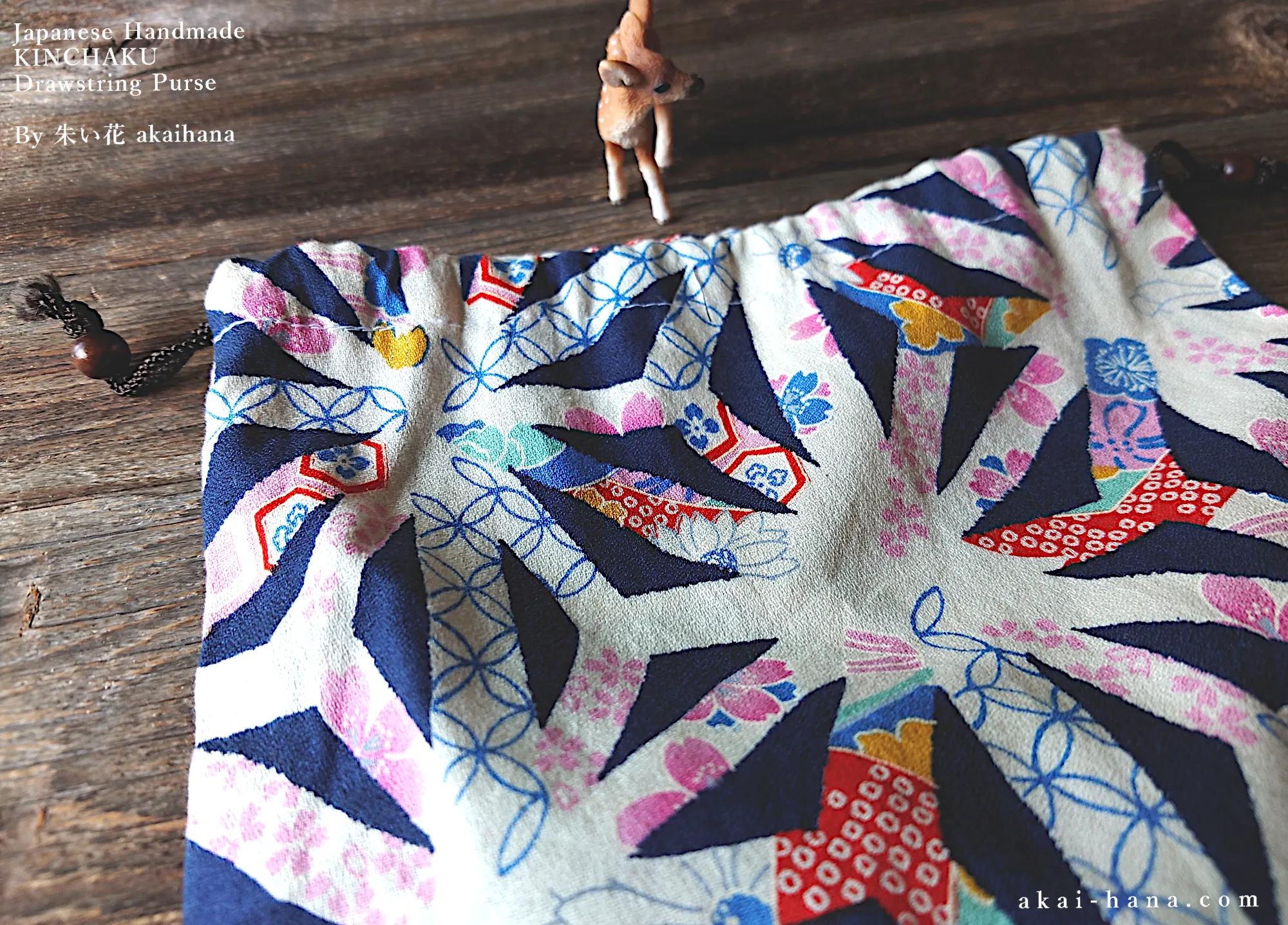 Wagara Kinchaku Drawstring Purse, Asanoha Hana Monyou, Black or Dark Blue ⦿kpjf0012