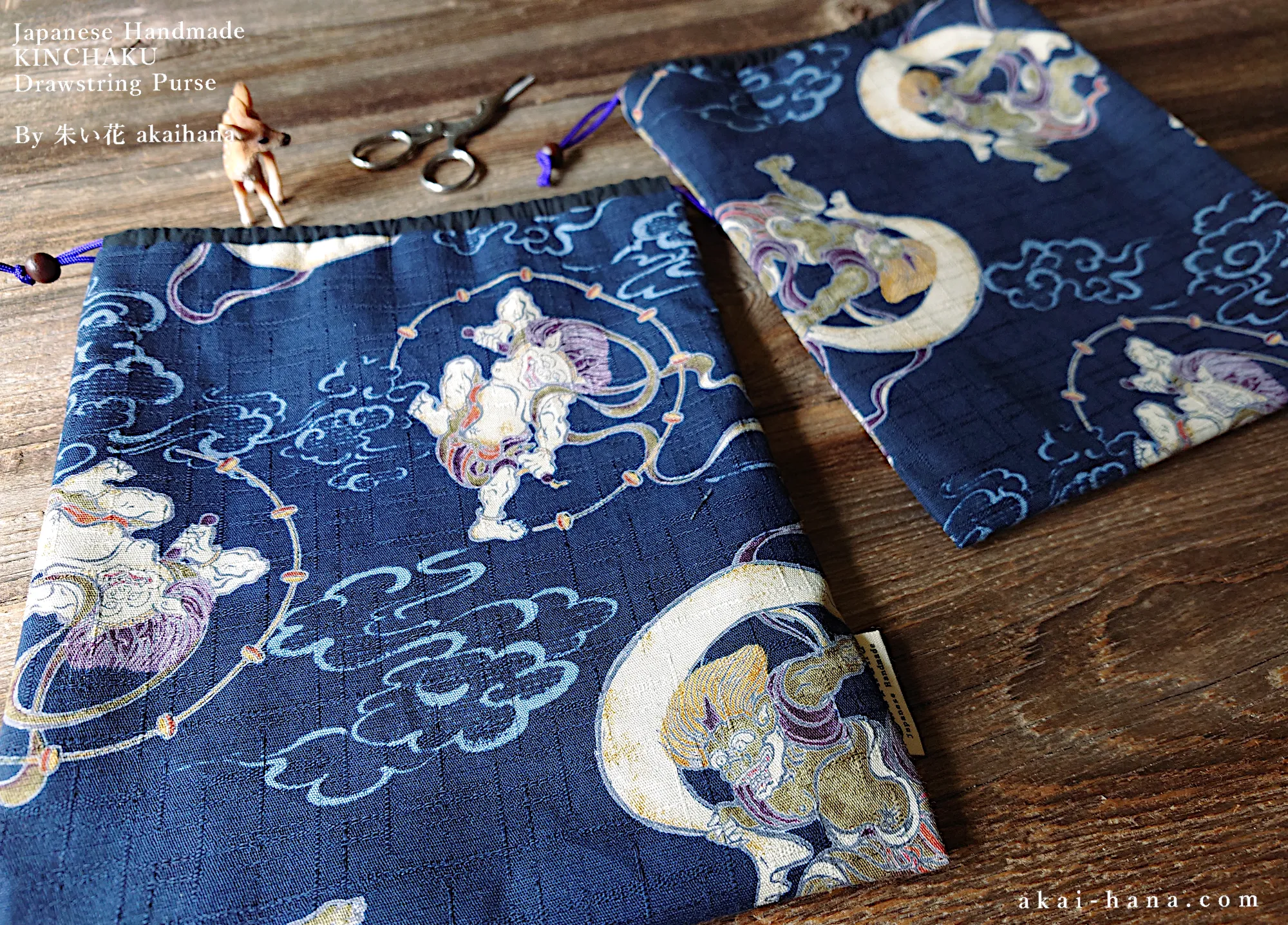 Wagara Kinchaku Drawstring Purse, Fūjin Raijin (Gods of wind and thunder) Dark Blue, Large W20cm x H25cm (8" x 9 3/4") ⦿kpjf0010