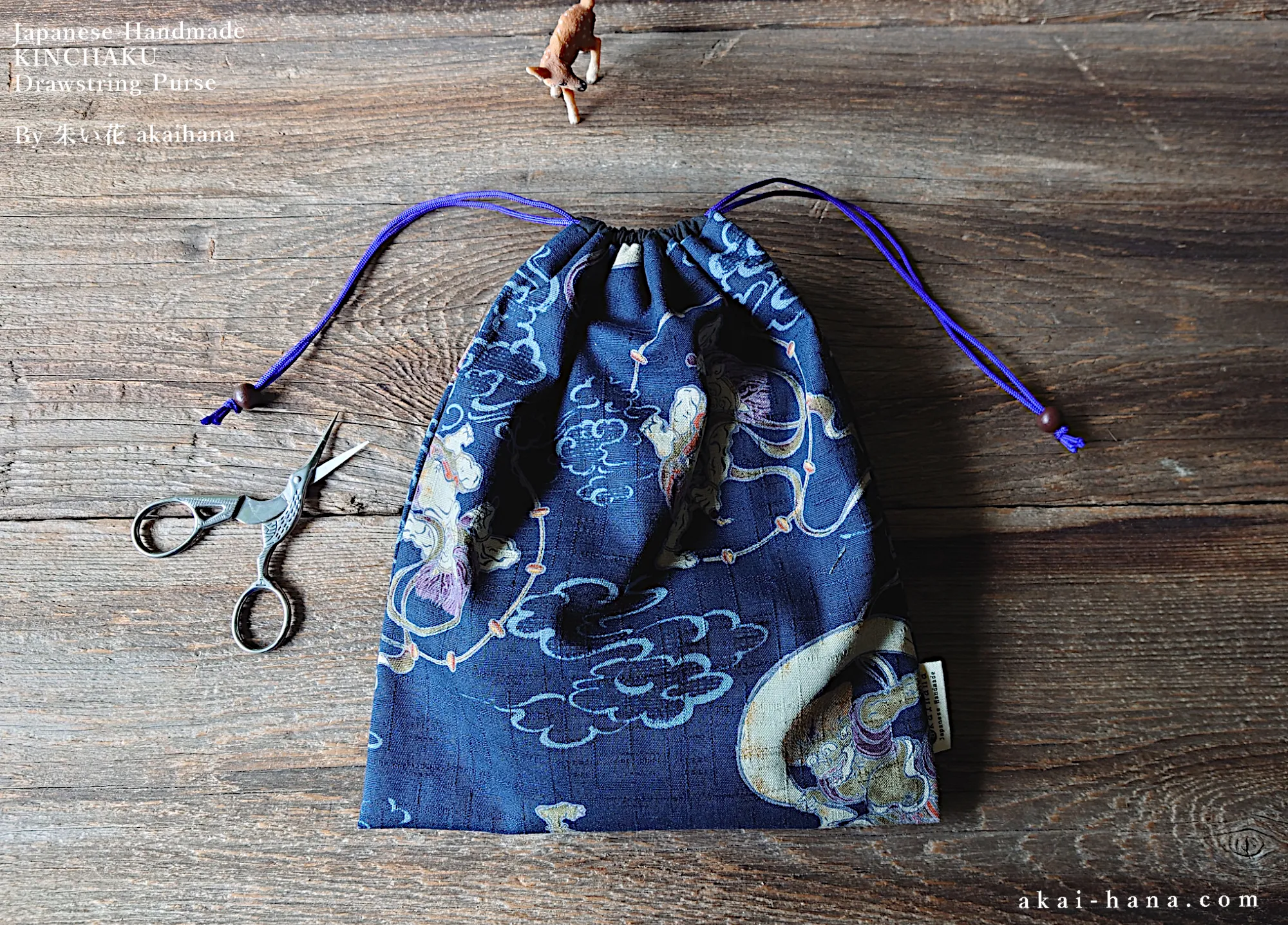 Wagara Kinchaku Drawstring Purse, Fūjin Raijin (Gods of wind and thunder) Dark Blue, Large W20cm x H25cm (8" x 9 3/4") ⦿kpjf0010