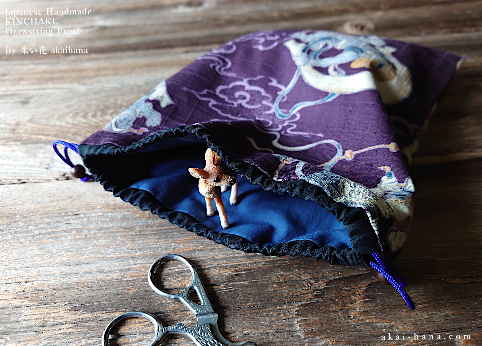 Wagara Kinchaku Drawstring Purse, Fūjin Raijin (Gods of wind and thunder) Purple, Large W20cm x H25cm (8" x 9 3/4") ⦿kpjf0011