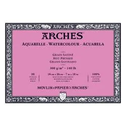 Watercolour Paper - BLOCK - ARCHES Aquarelle -  SATINE (HOT PRESSED / SMOOTH)  140 lb/ 300 gsm WHITE  18 x 26 cm, 7 x 10",