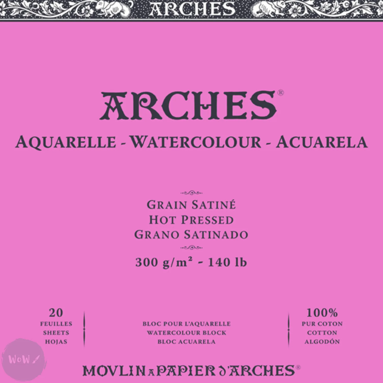 Watercolour Paper - BLOCK - ARCHES Aquarelle -  SATINE (HOT PRESSED / SMOOTH)  140 lb/ 300 gsm WHITE  18 x 26 cm, 7 x 10",