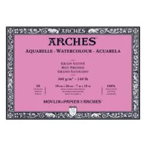 Watercolour Paper - BLOCK - ARCHES Aquarelle -  SATINE (HOT PRESSED / SMOOTH)  140 lb/ 300 gsm WHITE  18 x 26 cm, 7 x 10",