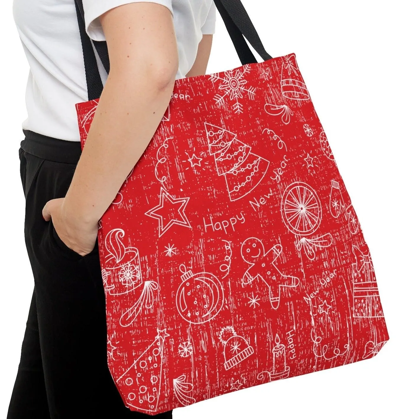 White Christmas Pattern on Red Background Large Tote Bag - Festive Holiday Accessory