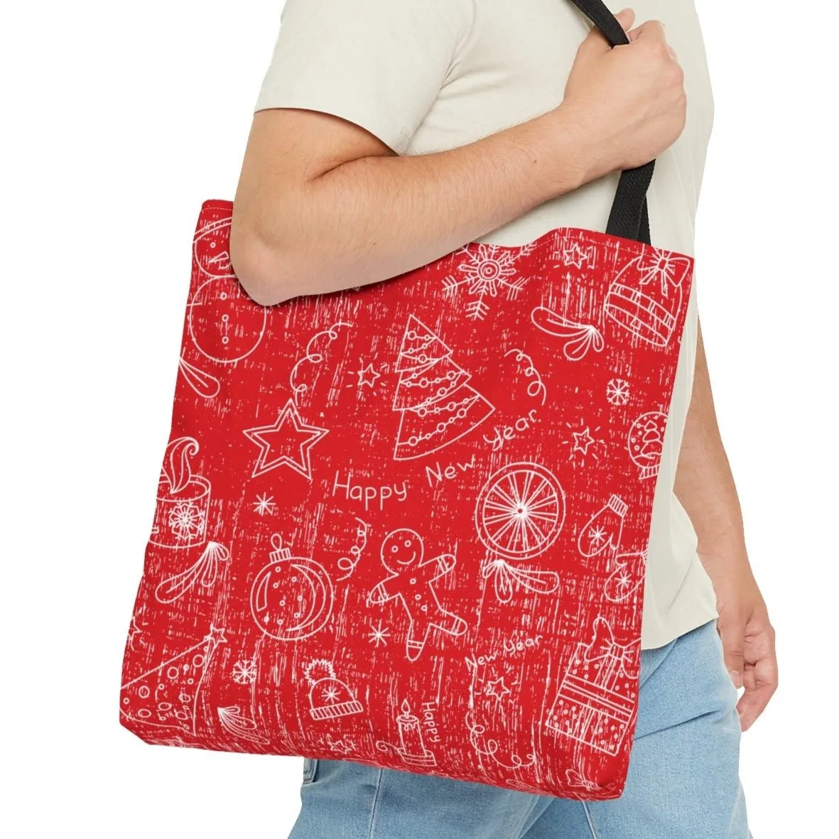White Christmas Pattern on Red Background Large Tote Bag - Festive Holiday Accessory
