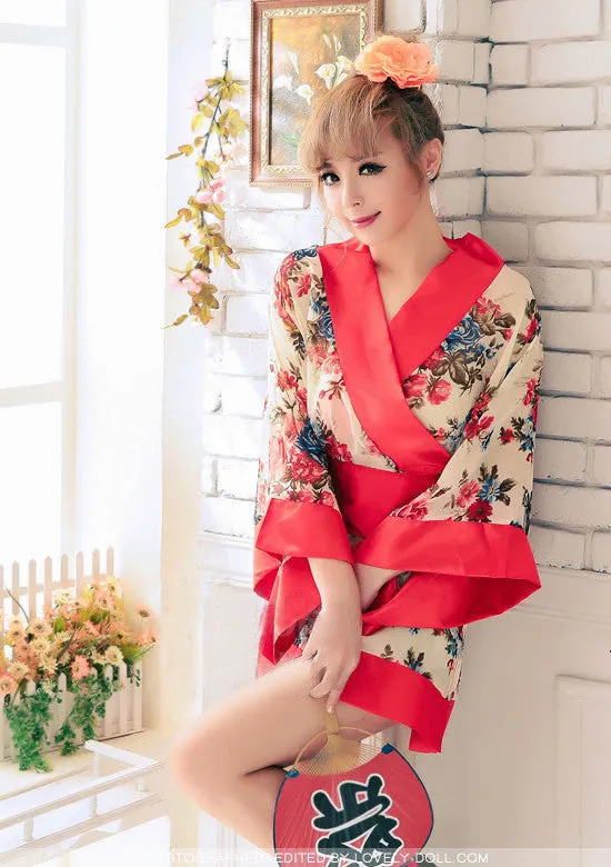 Women Short Kimono Robe | Apricot Flowers Patterned Japanese Traditional Style Gown Sauna Robe for Night Club