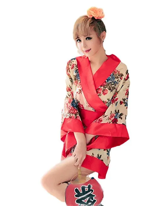 Women Short Kimono Robe | Apricot Flowers Patterned Japanese Traditional Style Gown Sauna Robe for Night Club