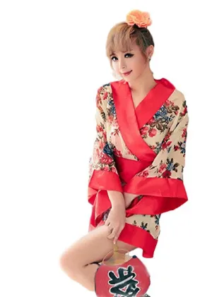 Women Short Kimono Robe | Apricot Flowers Patterned Japanese Traditional Style Gown Sauna Robe for Night Club
