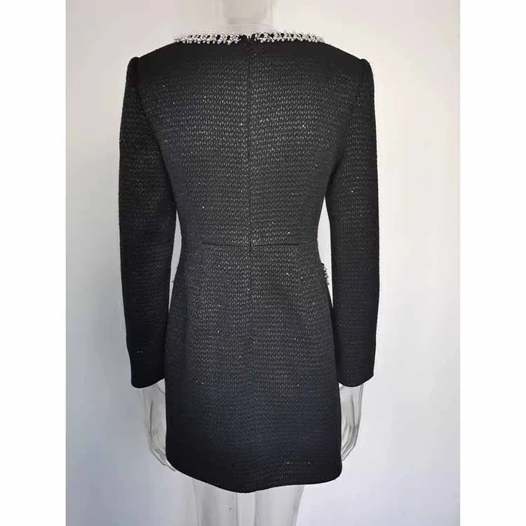 Wool Blend Square Neck Beaded Mini dress Black Short Dress