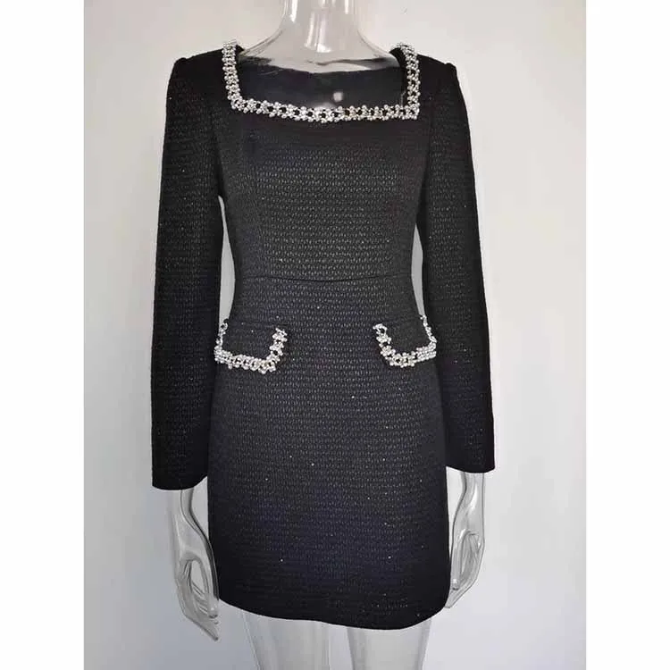 Wool Blend Square Neck Beaded Mini dress Black Short Dress